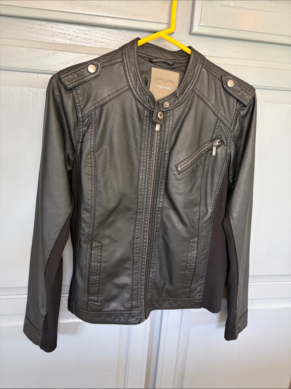Maurices Black Faux Leather Moto Jacket with Knit Side Panels